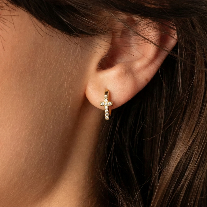 Crystal Cross Hoops — worn