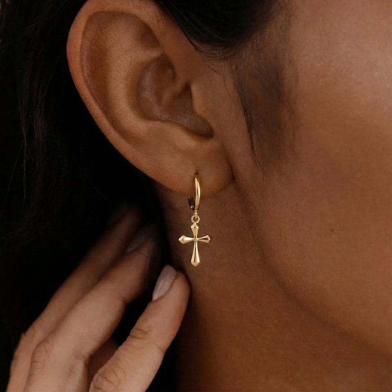 Cross Charm Huggies — worn