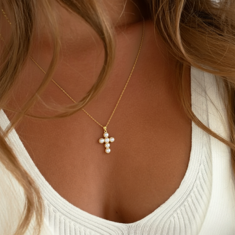 Pearl Cluster Cross Necklace — worn