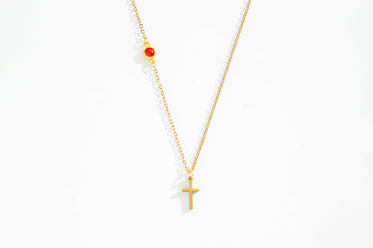Dainty Birthstone Cross Necklace — detail