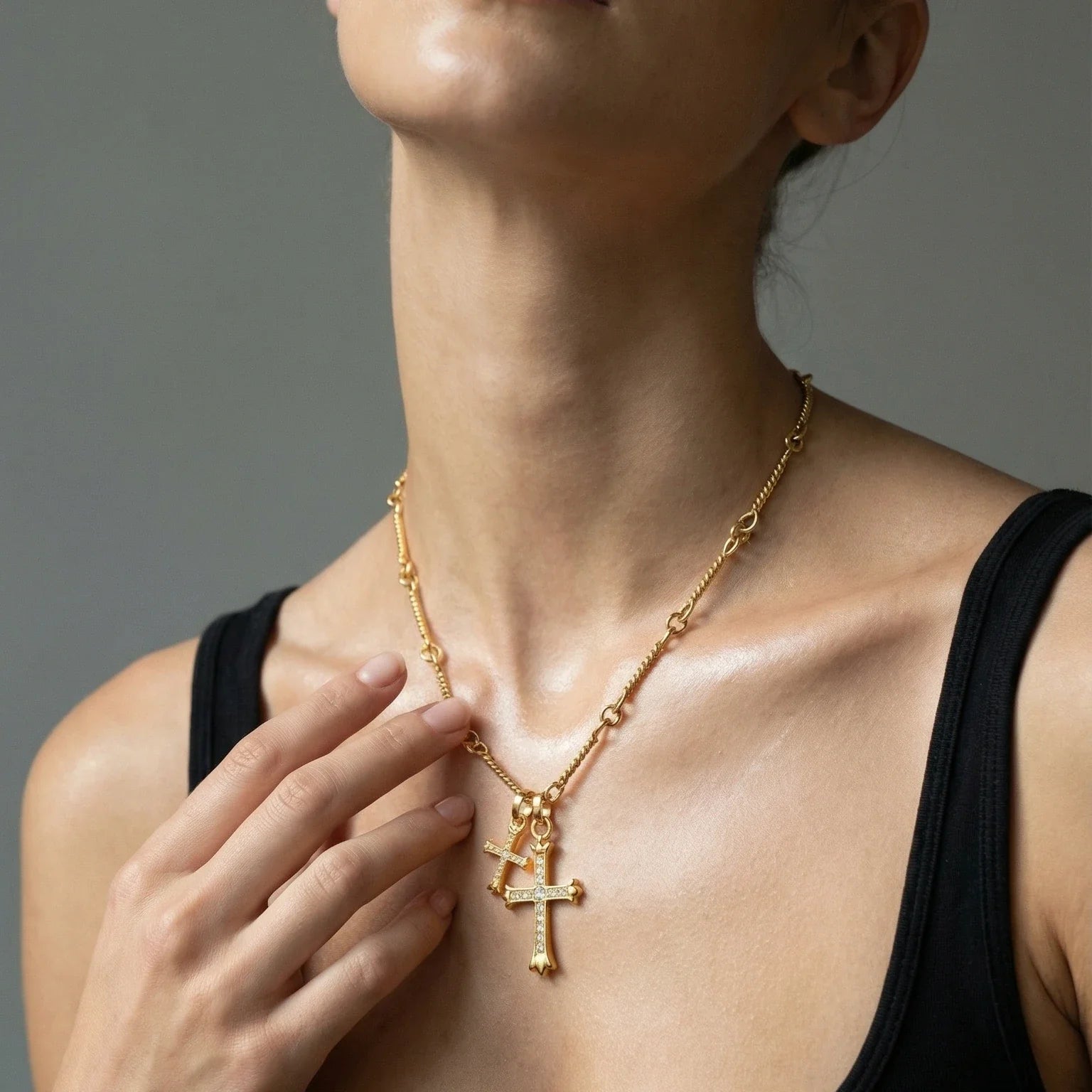 Double Cross Necklace — worn