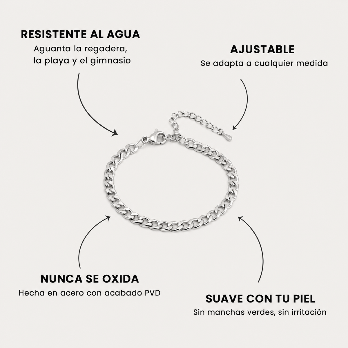 Características: resistente al agua, ajustable, nunca se oxida y suave con tu piel
