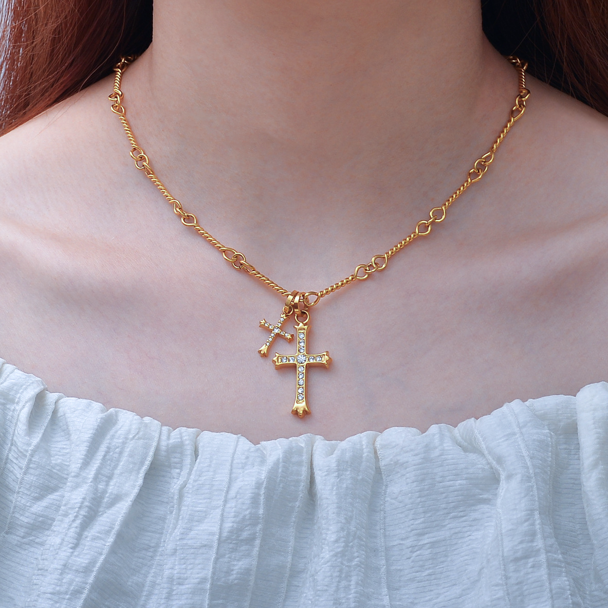 Double Cross Necklace — worn