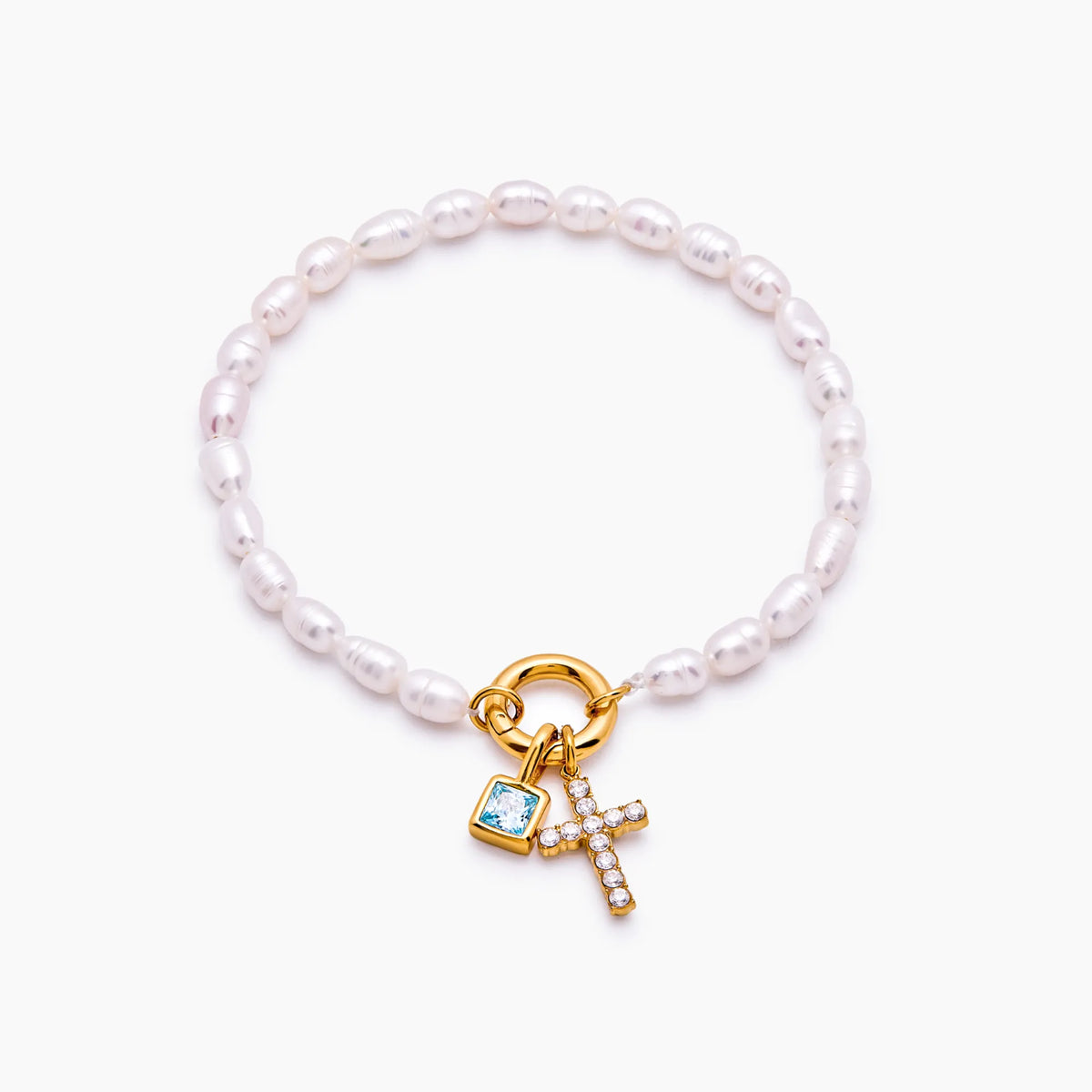 Pearl Birthstone Cross Bracelet — detail