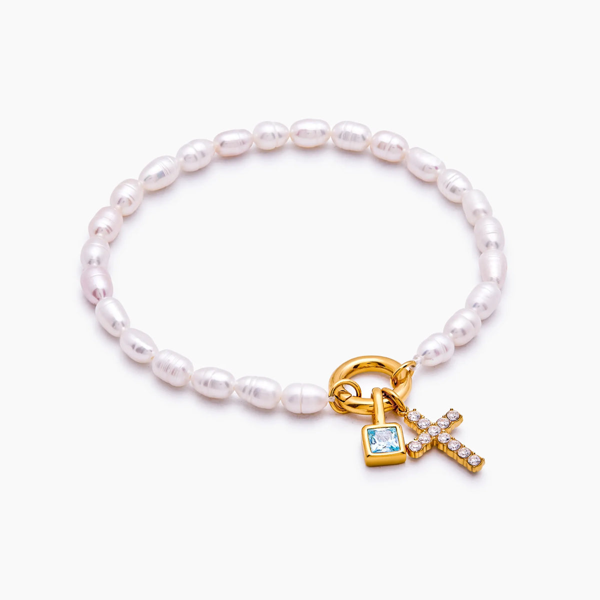Pearl Birthstone Cross Bracelet — detail