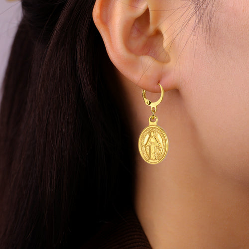 Blessed Medal Drop Earrings — worn