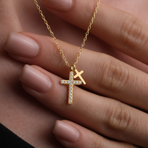 Twin Cross Necklace — worn
