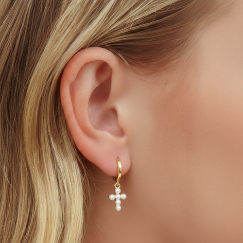 Pearl Cross Hoops — worn