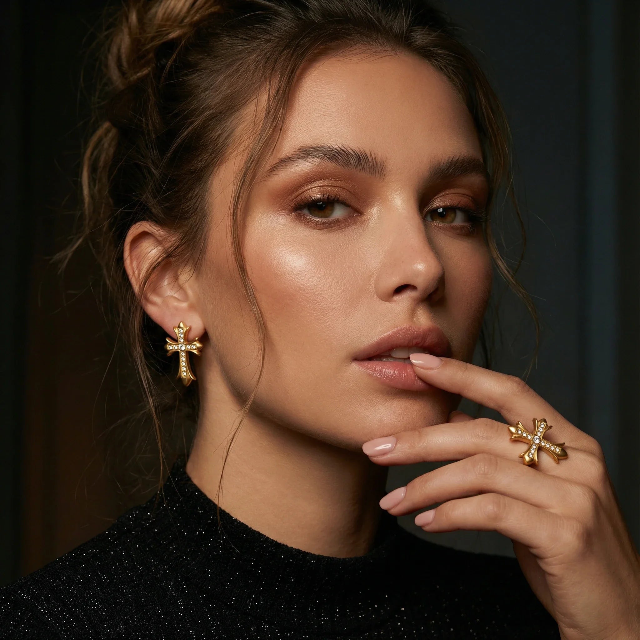 Gothic Cross Earrings — worn