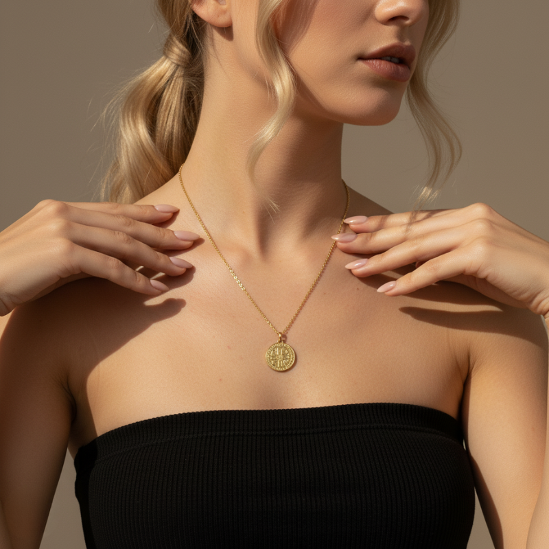 Saint Benedict Coin Necklace — worn