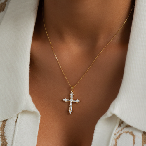Baguette Crystal Cross Necklace — worn