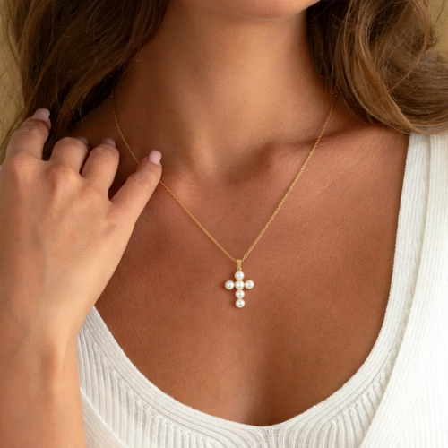 Pearl Cluster Cross Necklace — worn