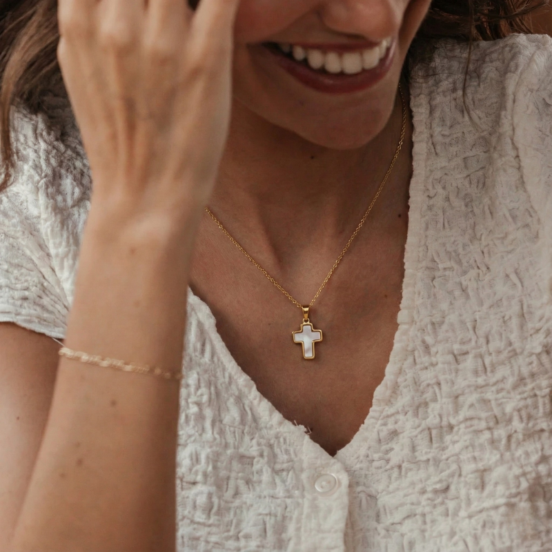 Shell Cross Necklace — worn