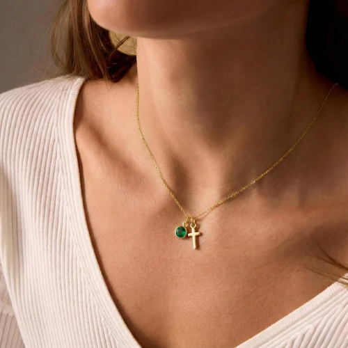 Birthstone Charm Cross Necklace — detail