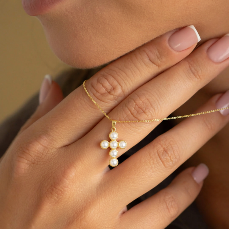 Pearl Cluster Cross Necklace — worn