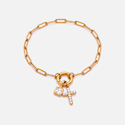 Paperclip Birthstone Cross Bracelet — studio shot