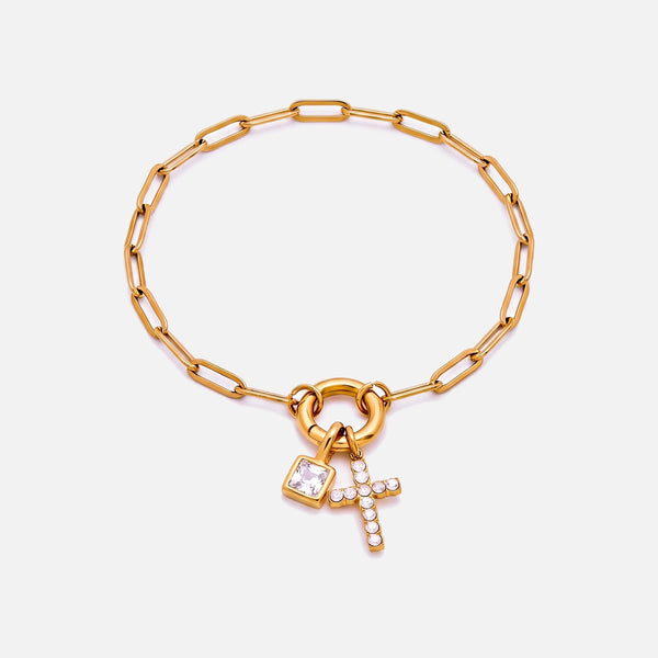 Paperclip Birthstone Cross Bracelet — studio shot