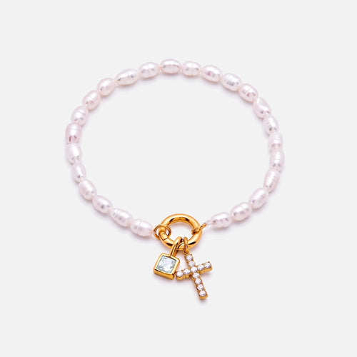 Pearl Birthstone Cross Bracelet — studio shot