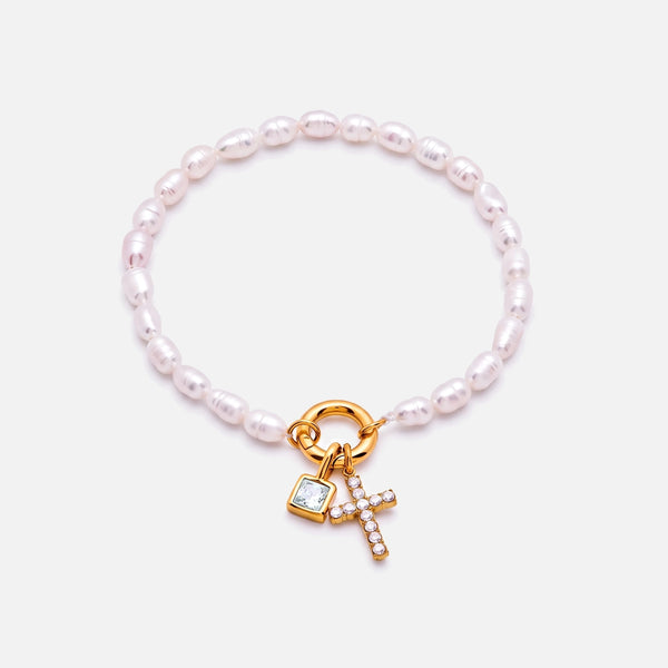 Pearl Birthstone Cross Bracelet — studio shot