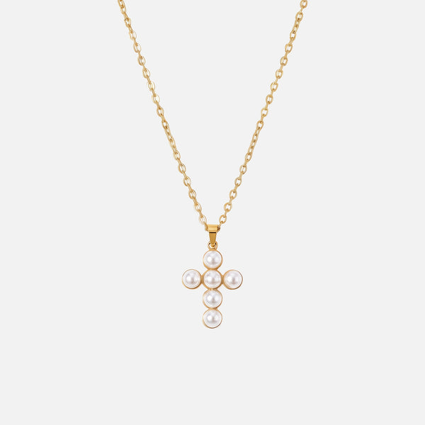 Pearl Cluster Cross Necklace — studio shot