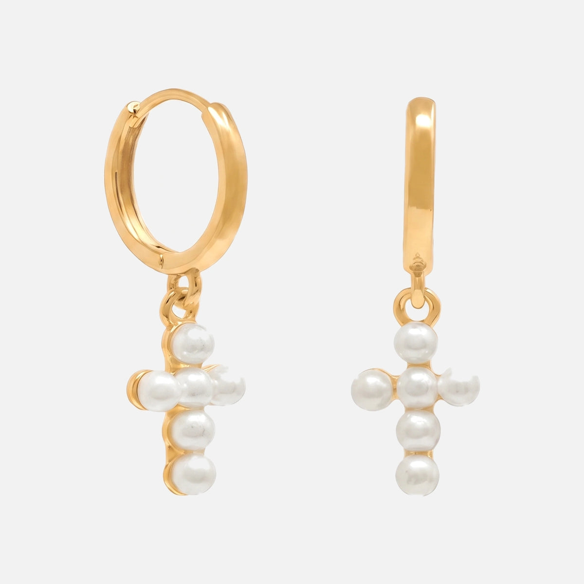 Pearl Cross Hoops — studio shot