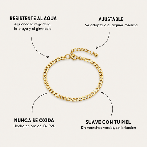 Características: resistente al agua, ajustable, nunca se oxida y suave con tu piel