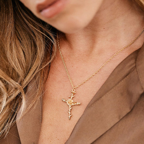 Birth Flower Cross Necklace — detail