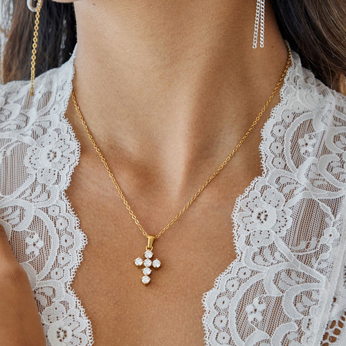 Petite Cross Necklace — worn