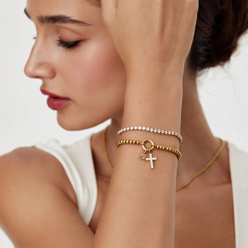 Bold Beaded Birthstone Cross Bracelet — detail