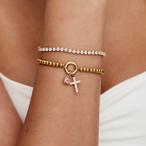 Bold Beaded Birthstone Cross Bracelet — detail