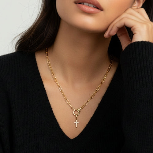 Pavé Cross Necklace — worn