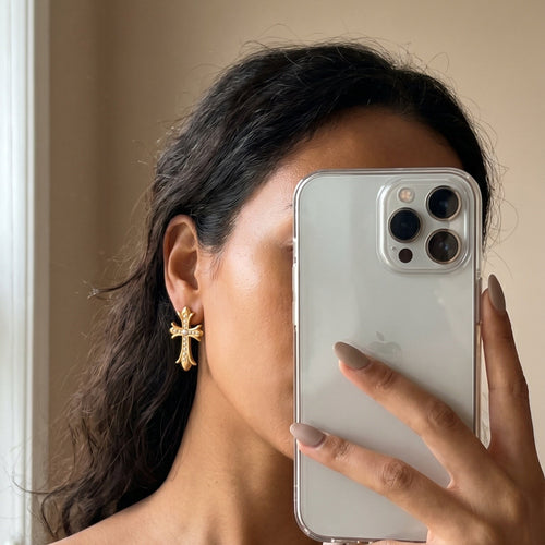 Gothic Cross Earrings — worn