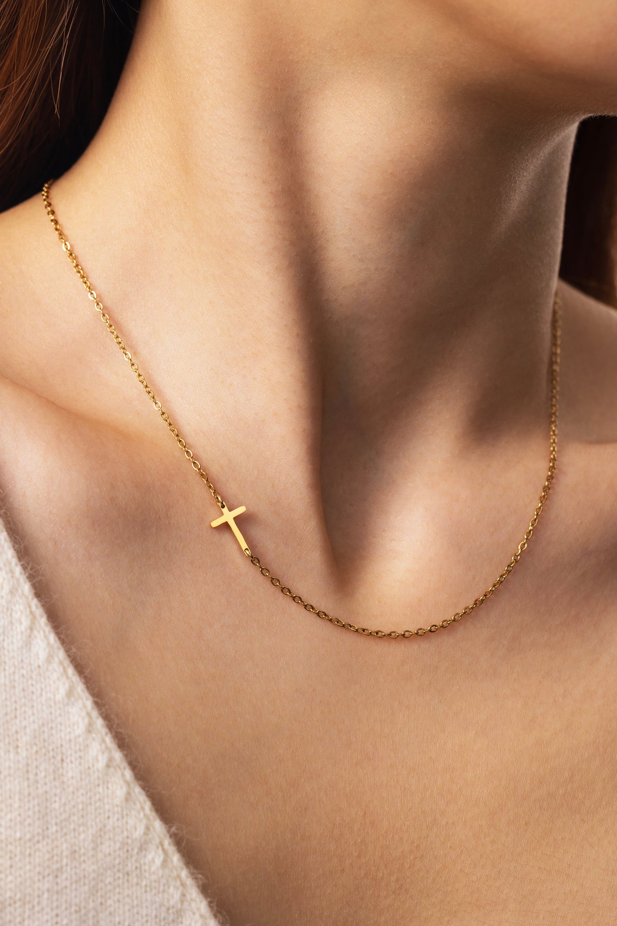 Sideways Cross Necklace — worn
