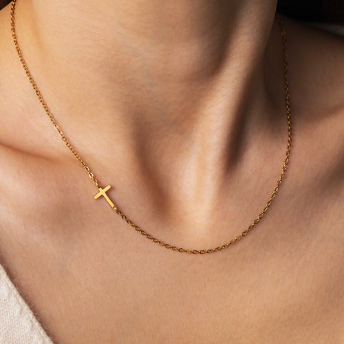 Sideways Cross Necklace — worn