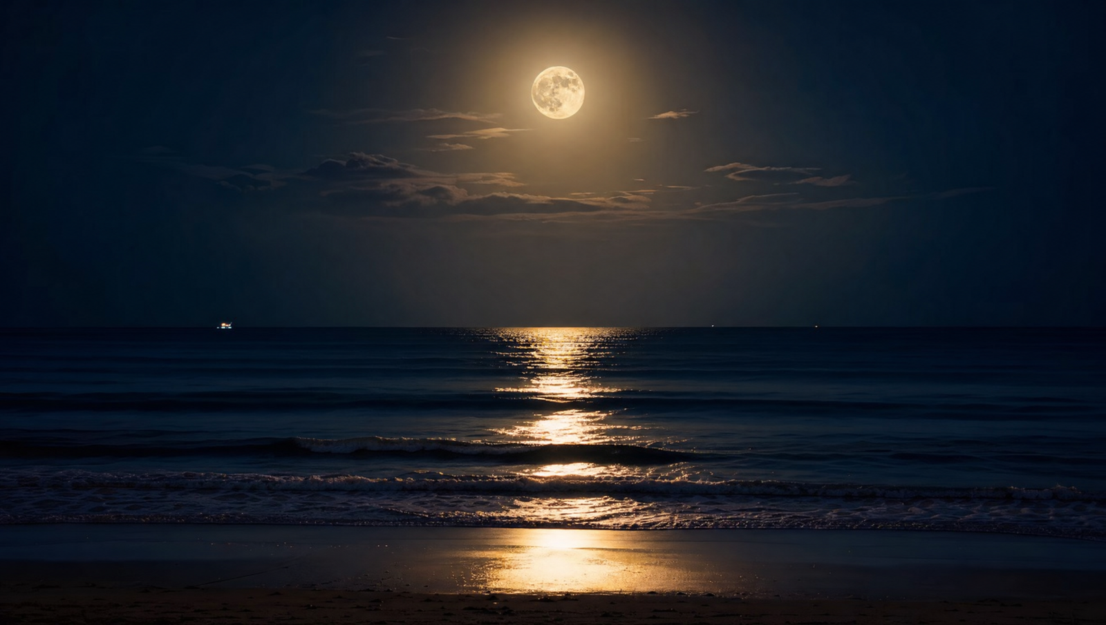 Full moon halo over a calm ocean with a golden moonlight path