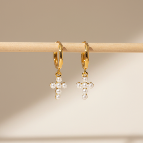 Pearl Cross Hoops — detail