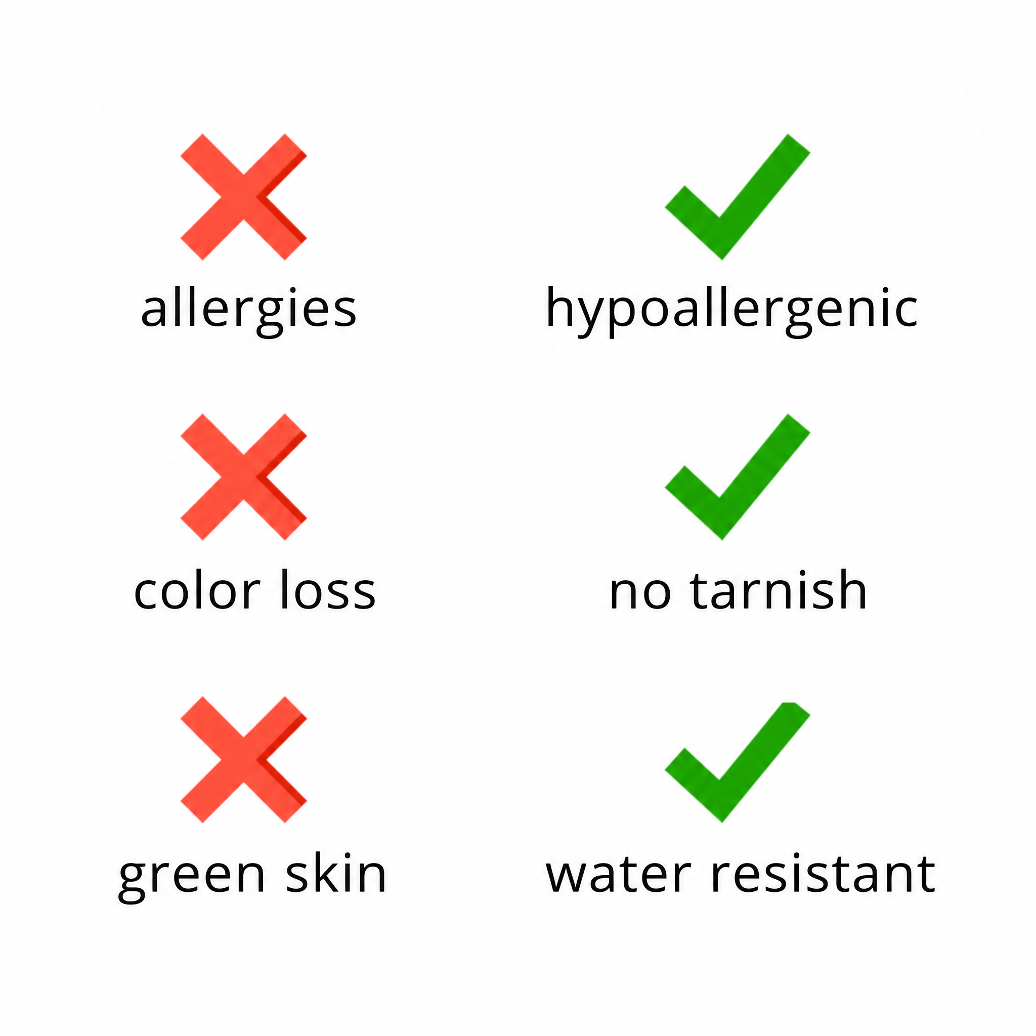 No allergies, no color loss, no green skin - hypoallergenic water resistant