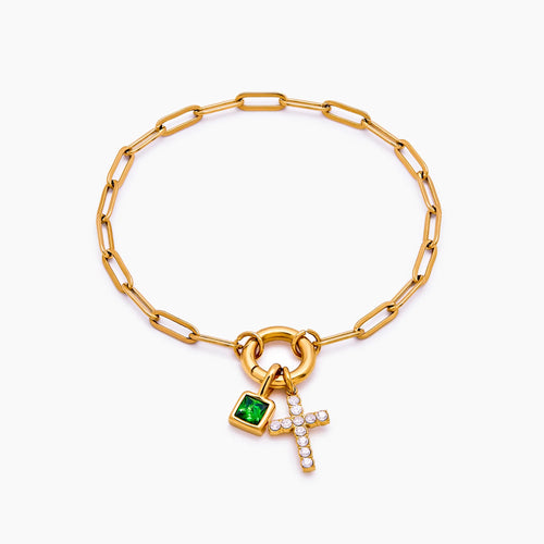Paperclip Birthstone Cross Bracelet — detail