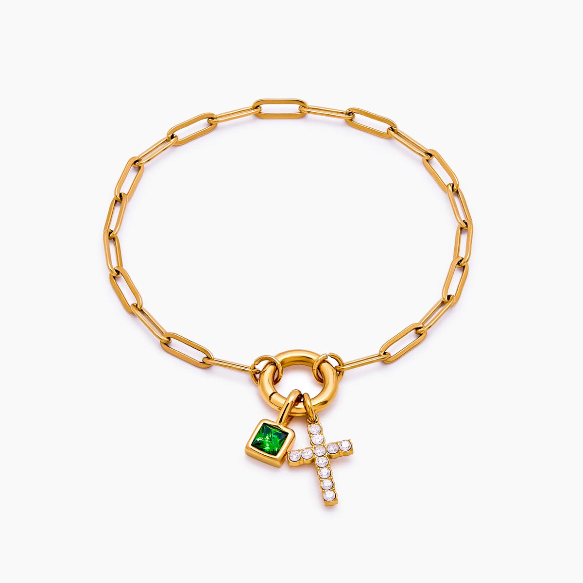 Paperclip Birthstone Cross Bracelet — detail