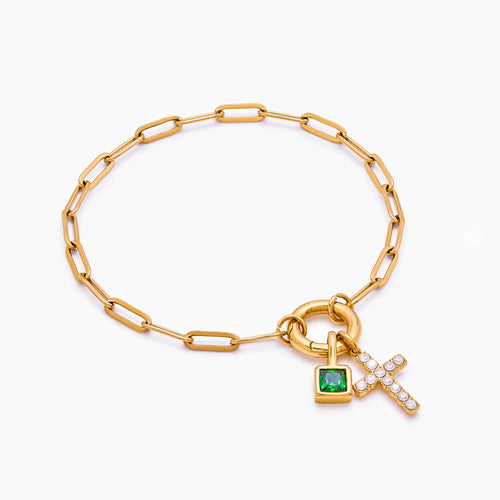 Paperclip Birthstone Cross Bracelet — detail