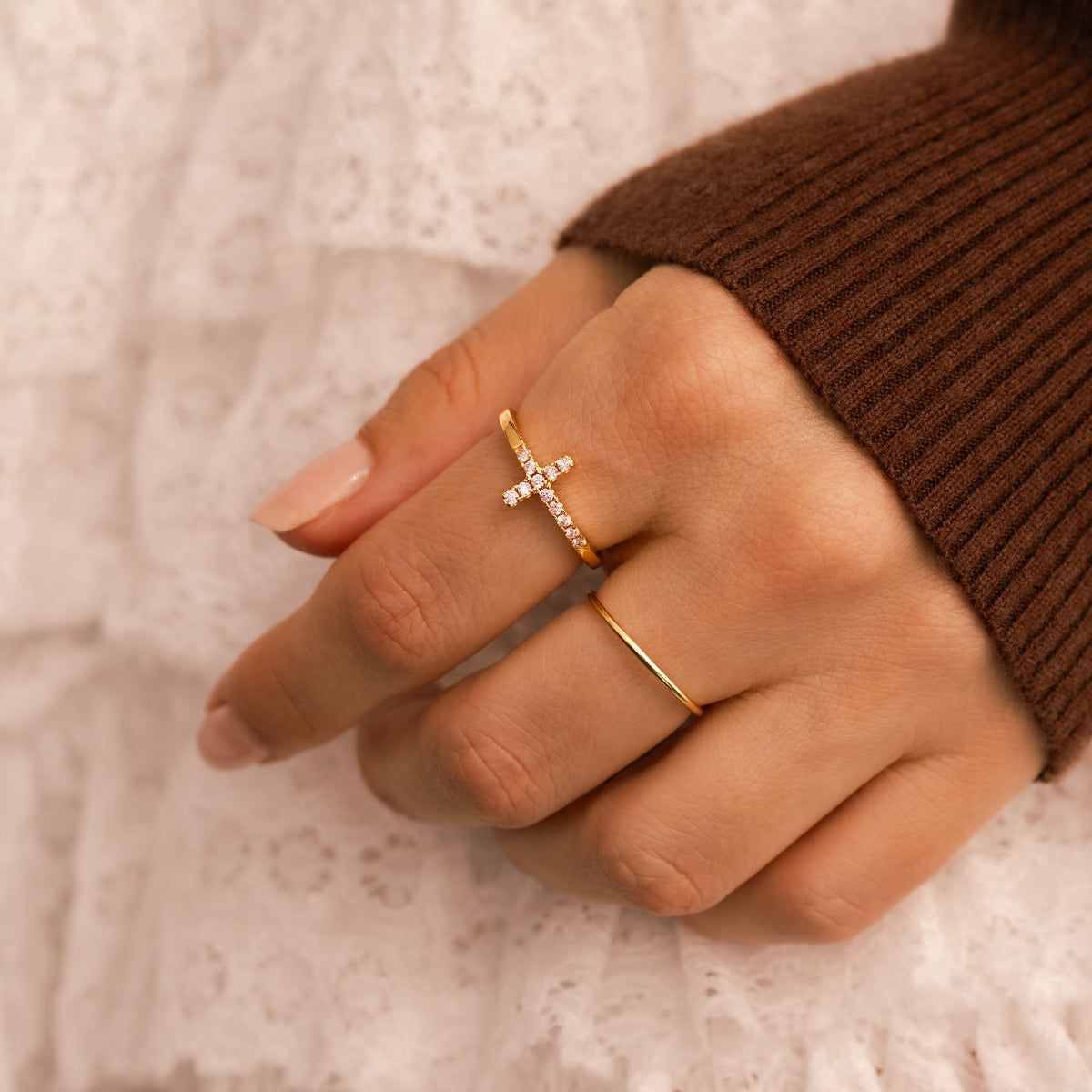 Pavé Cross Ring — worn