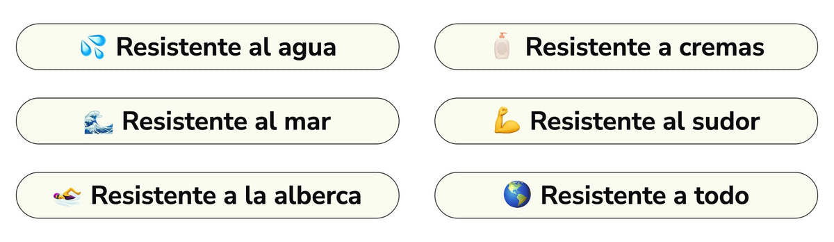 Resistente al agua, cremas, mar, sudor y alberca